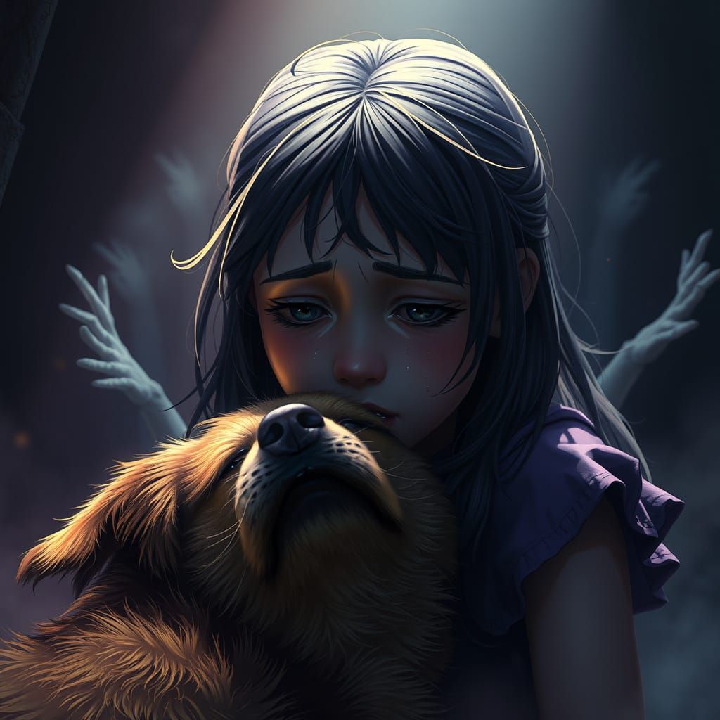 Girl Mourns Dog in Dark Fantasy Realm