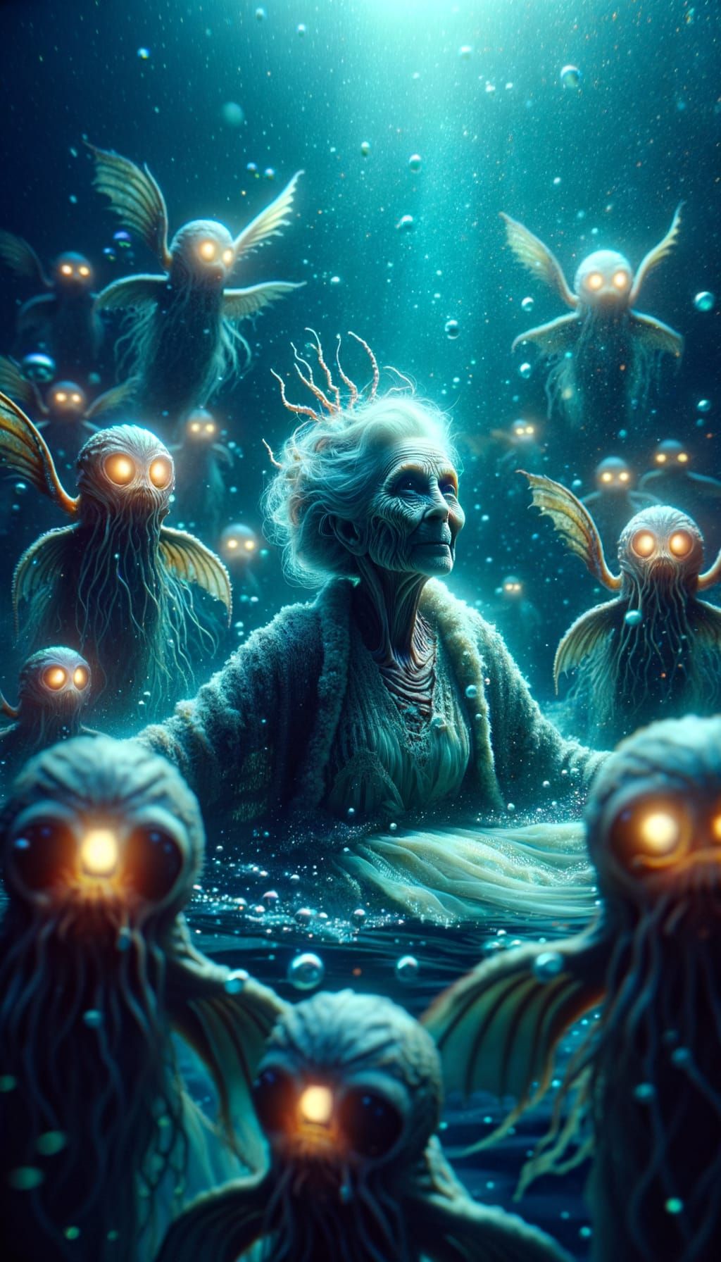 Ethereal Mermaid Grandmother in Bioluminescent Ocean