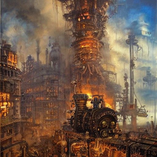 Infected Steampunk World in Oil Painting Style