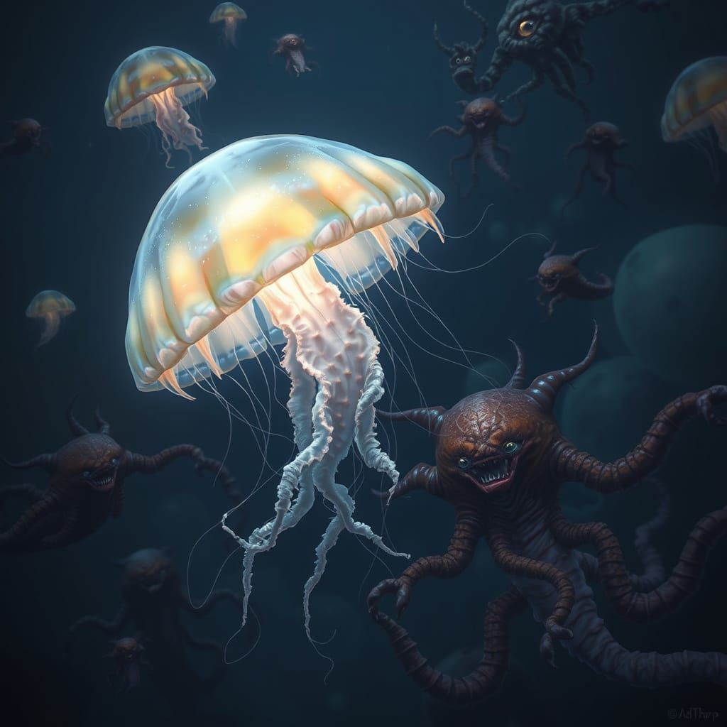 Bioluminescent Jellyfish Drifting in Alien Ocean