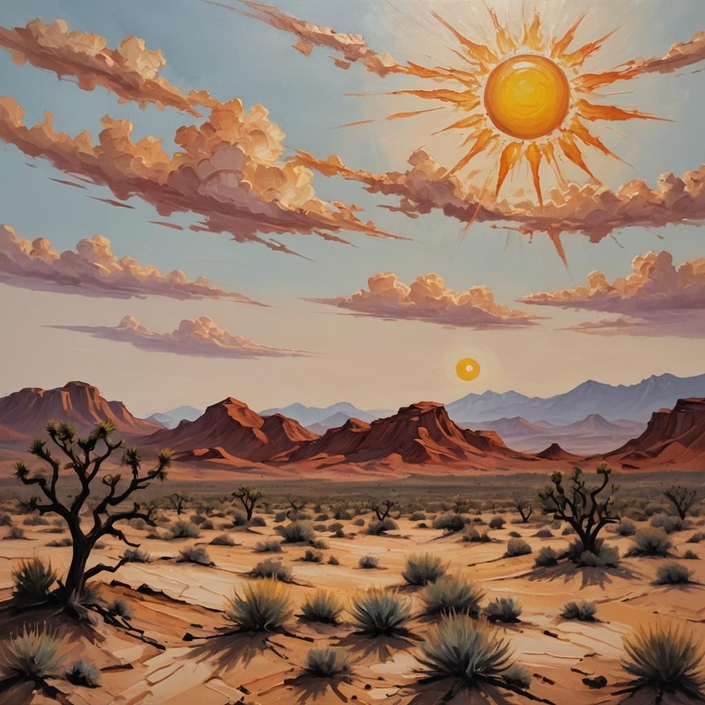Desert Landscape with Dual Suns as Oil Painting