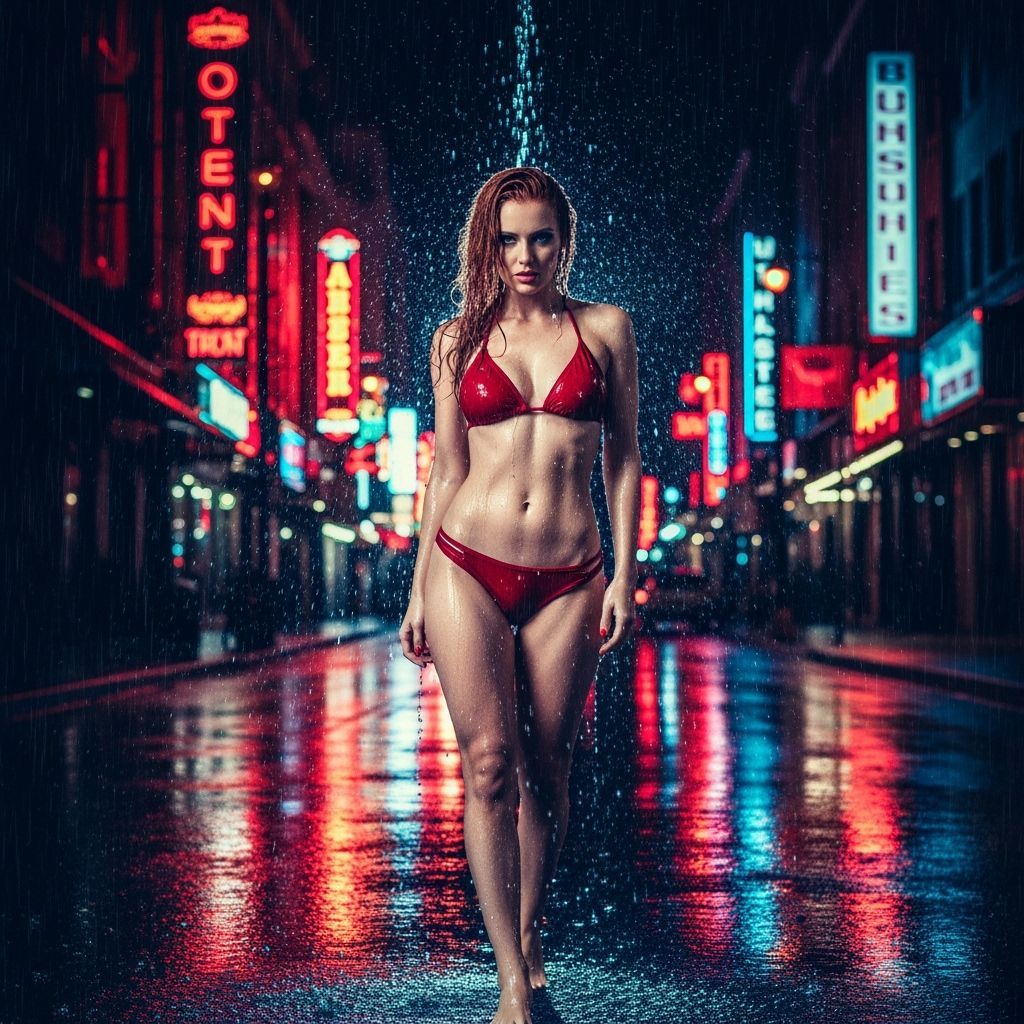 Hyperrealistic Woman in Red Bikini on Neon Street