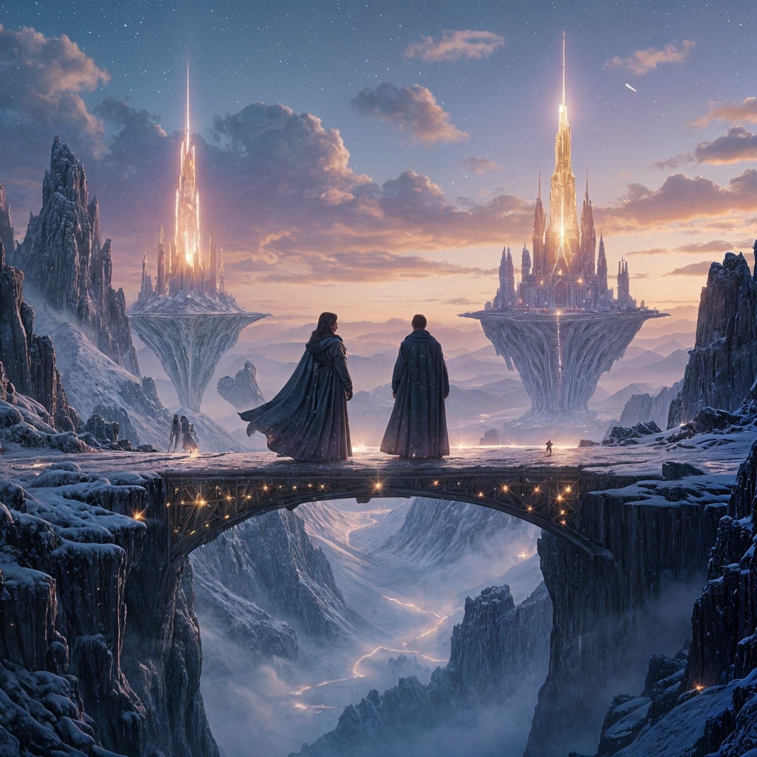 Ethereal Figures on Crystal Bridge at Twilight