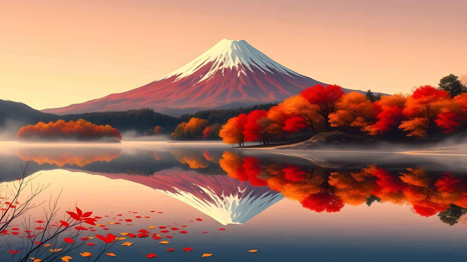 Surreal Autumn Landscape with Mount Fuji in Elegant Woodbloc...