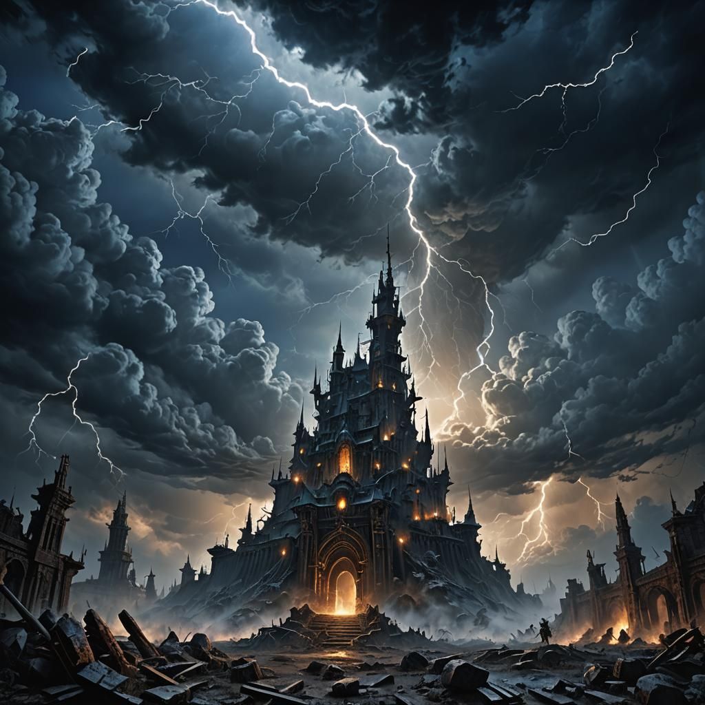 Ominous Dark Fantasy Landscape with Lightning Flash