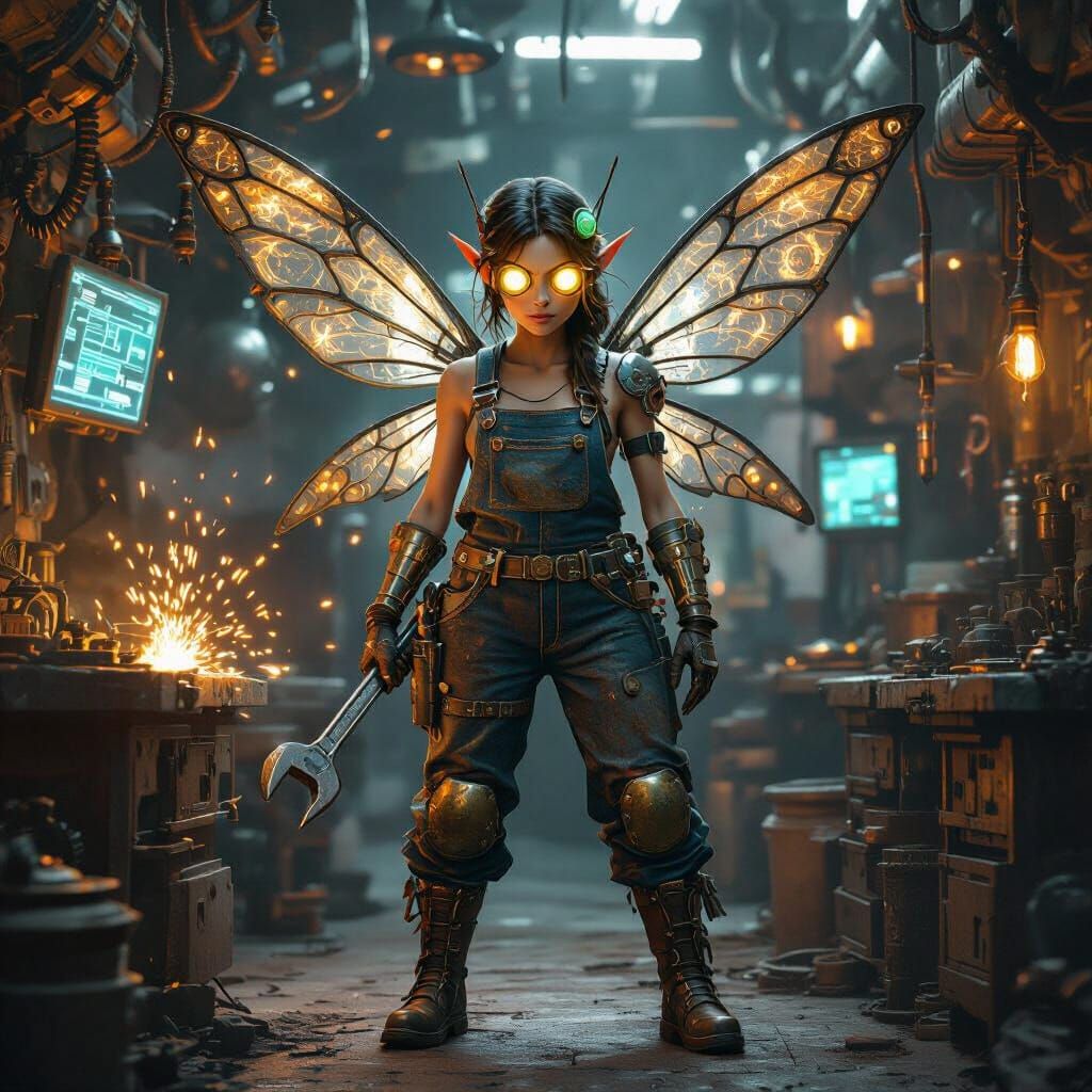 Steampunk Mechanic Fairy in Industrial Workshop