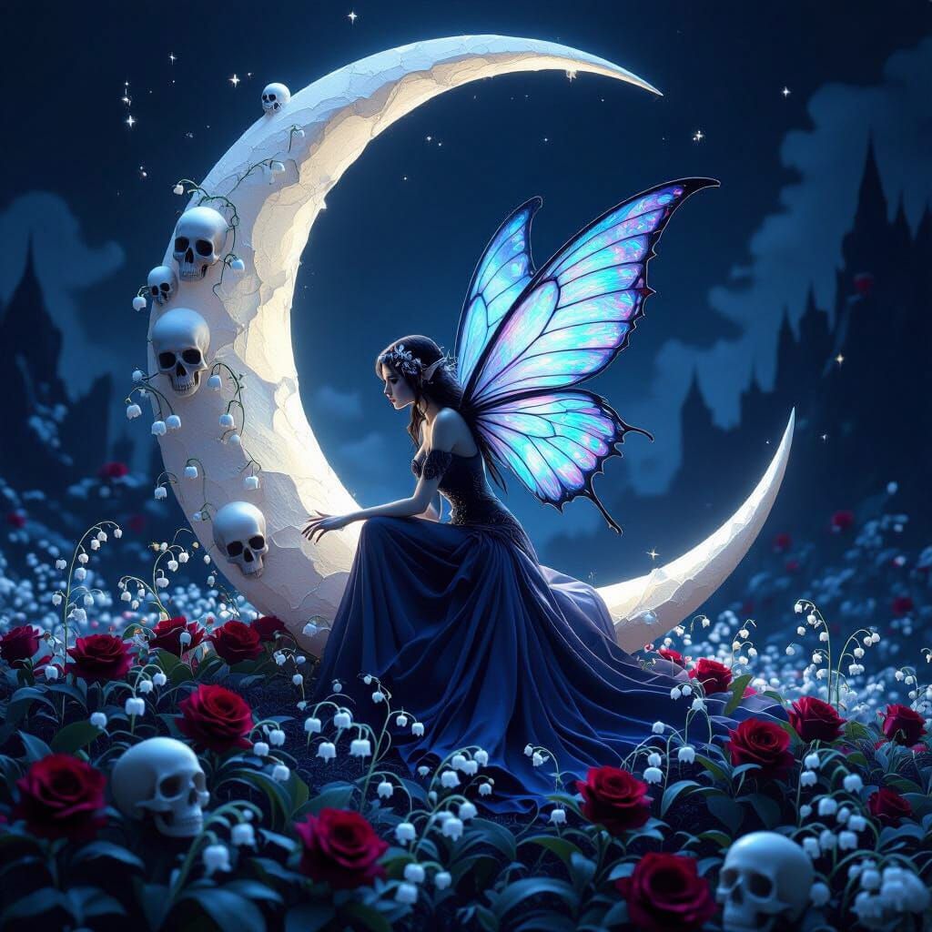 Ethereal Fairy on Moon Above Dark Fantasy World