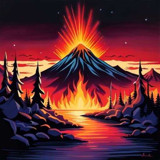 Erupting Volcano with Fairies: Dark Fantasy Art