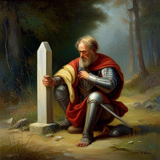 Knight Praying at Grave, Oil Painting