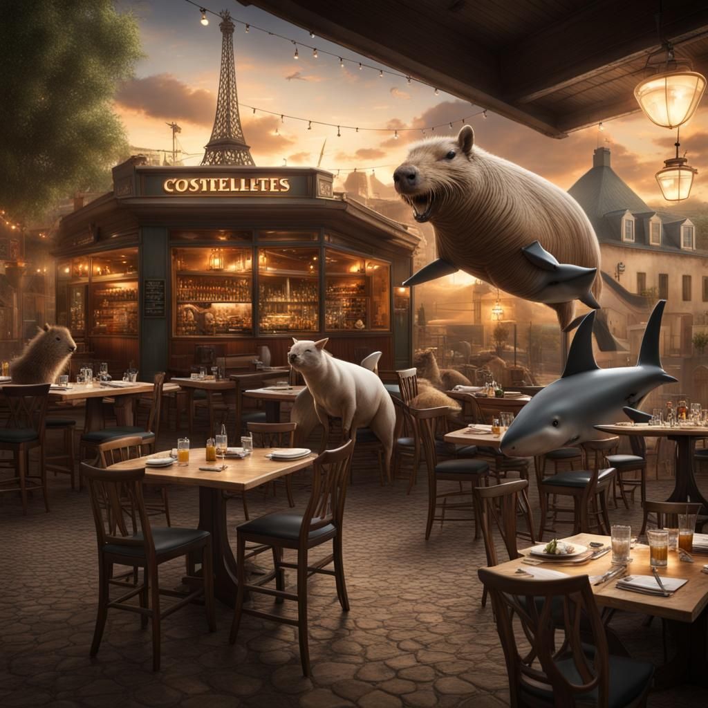 Brasserie With Capybara and Shark Cat: Matte Painting