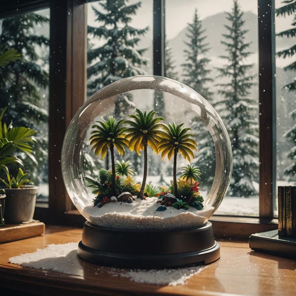 Tropical Beach in Snow Globe: Cinematic Still