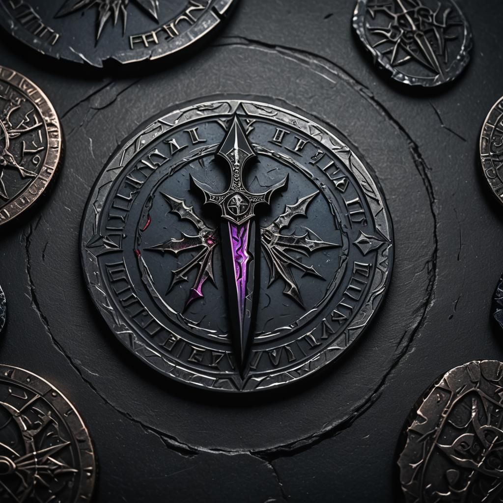 Dark Metal Coin with Jagged Dagger and Arcane Symbols
