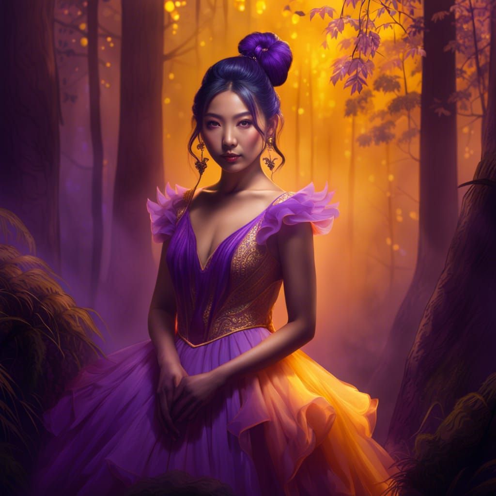 Asian Angel in Misty Forest with Golden Bun