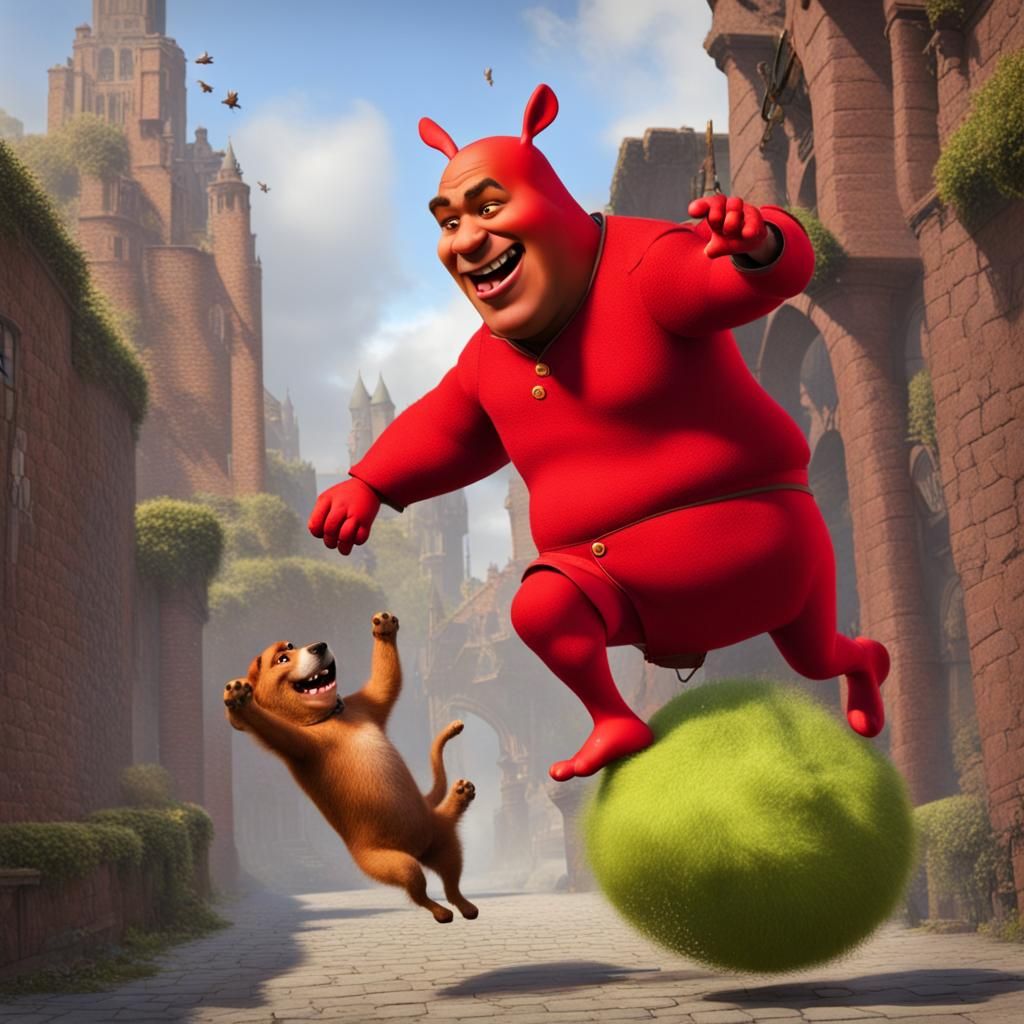 Red Shrek Saves Falling Dog