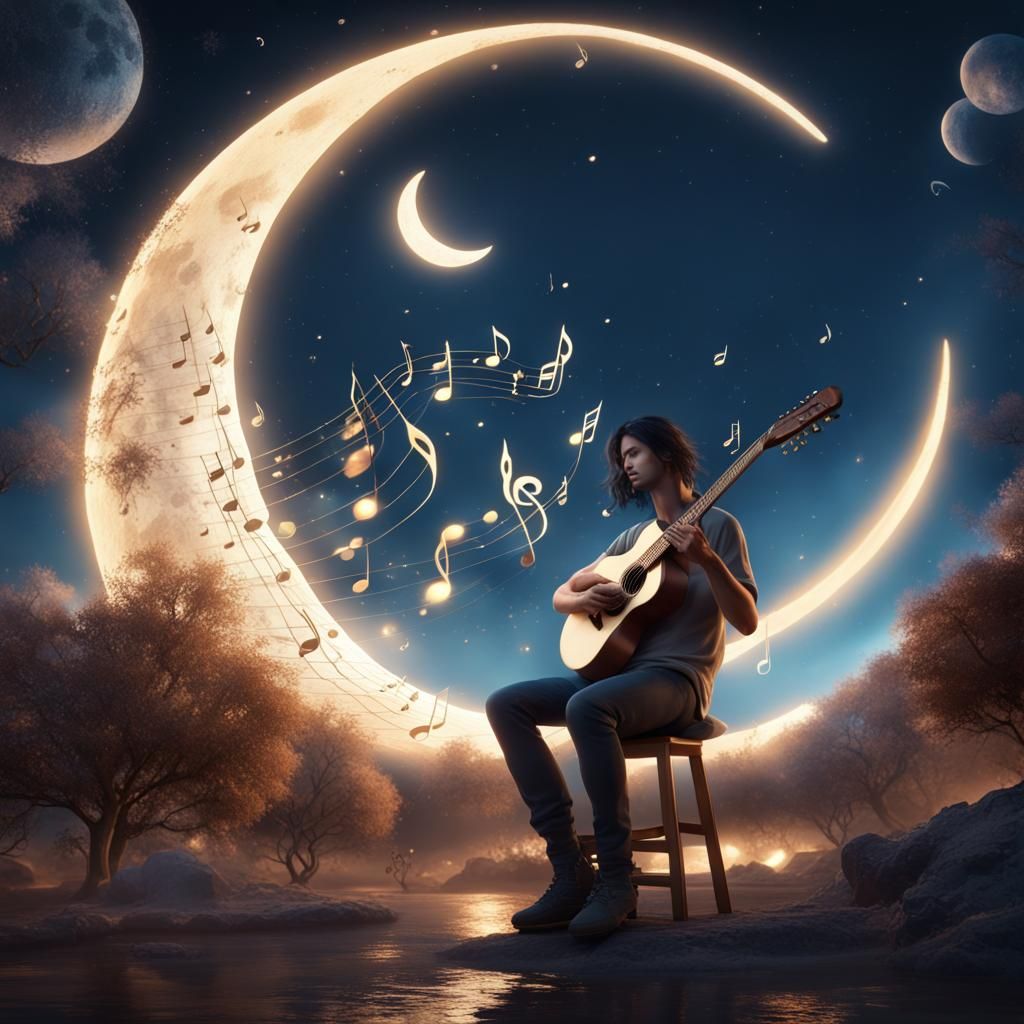 Dreamy Moon Guitar Player in Detailed Digital Painting