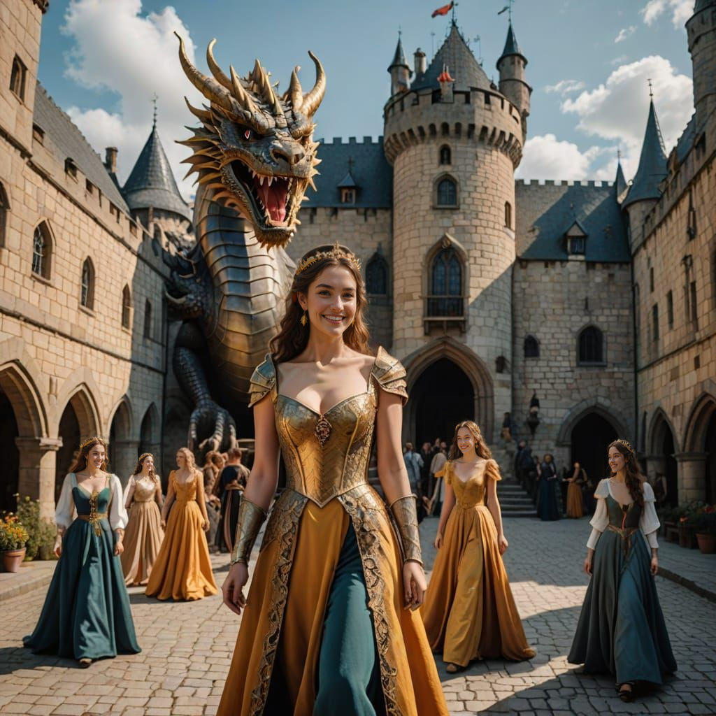 A Golden Dragon Guards Medieval Maidens in a Castle Courtyar...