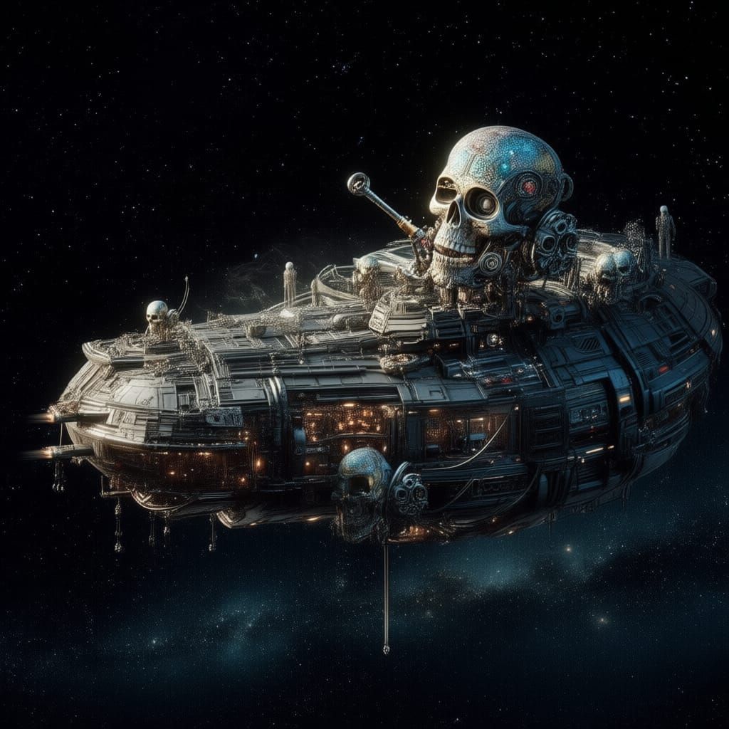 Mechanical Skulls Repair Spaceship in Outer Space