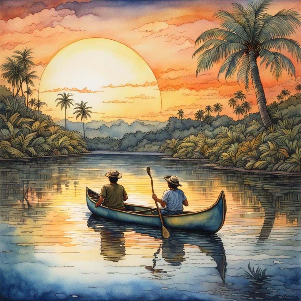 Tropical Island Sunset Watercolor Illustration