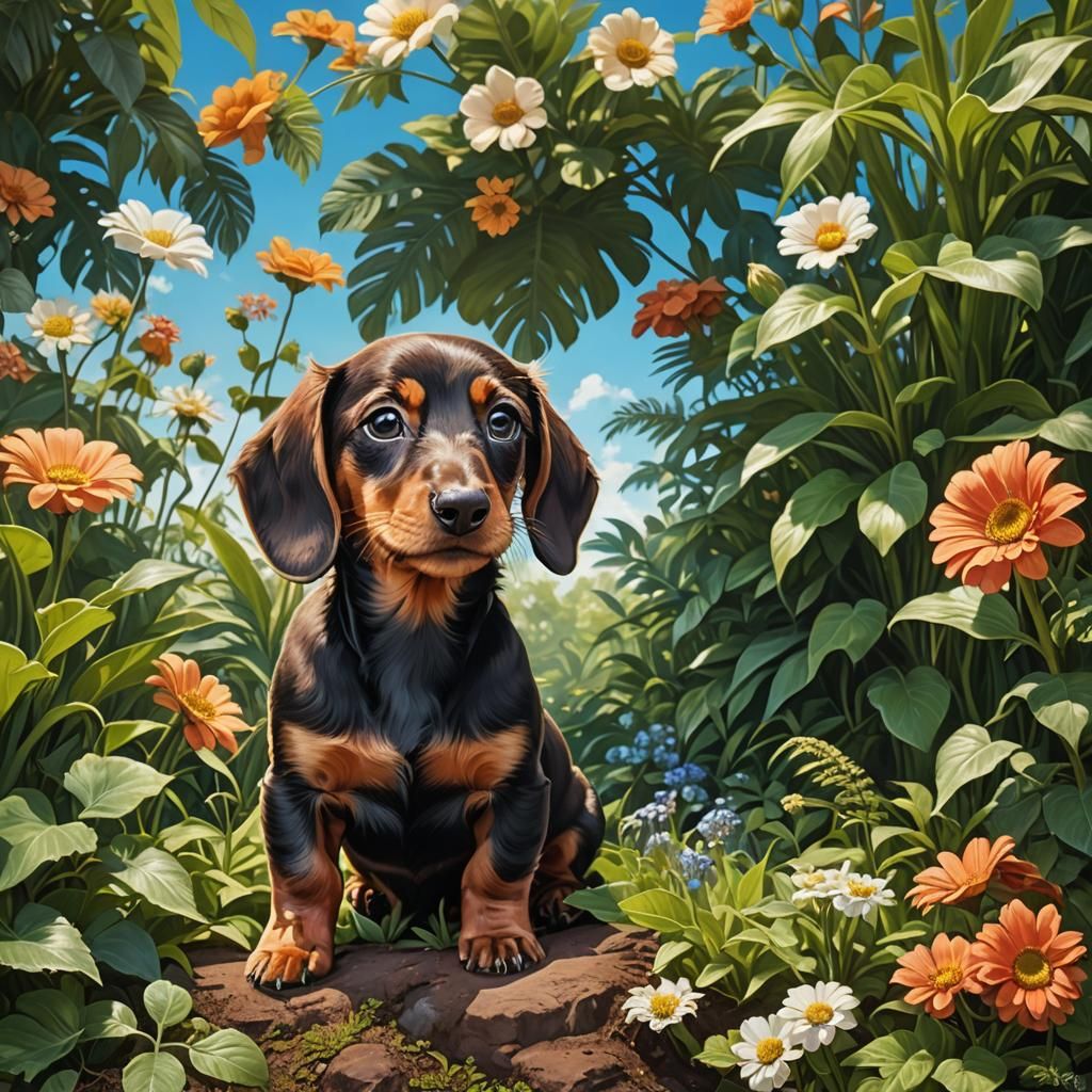 Sunlit Dachshund Puppy in a Dreamlike Landscape