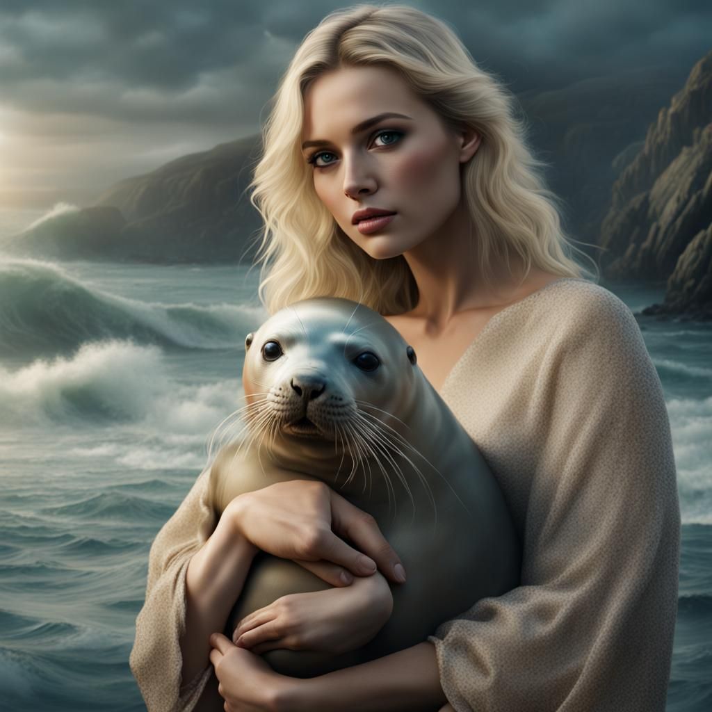 Blonde Woman with Seal: Digital Matte Painting