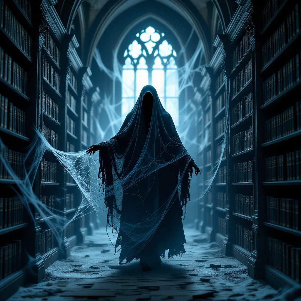 Ghostly Figure in Spiderweb Cloak Haunts Ancient Library