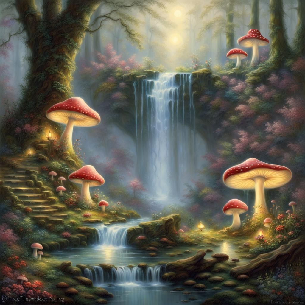 Ethereal Underground Waterfall with Fairy Mushrooms