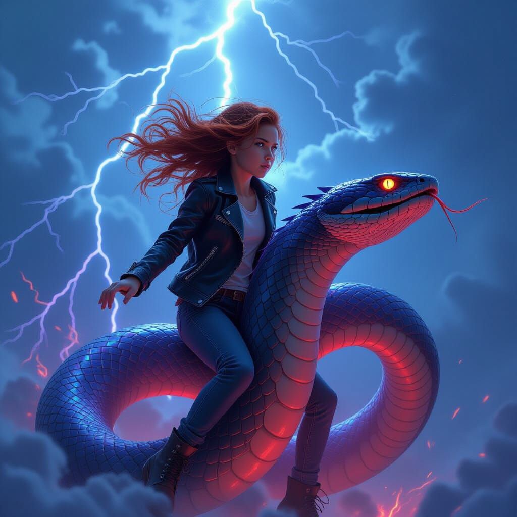 Girl Rides Giant Lightning Snake in Storm