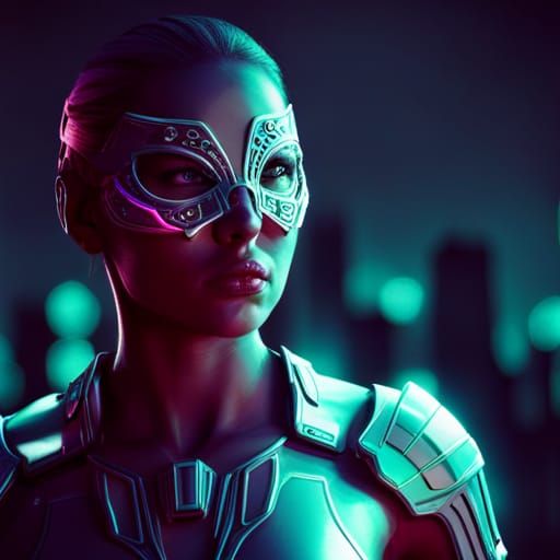 Cyborg Girl in Neon Cityscape: Digital Matte Painting