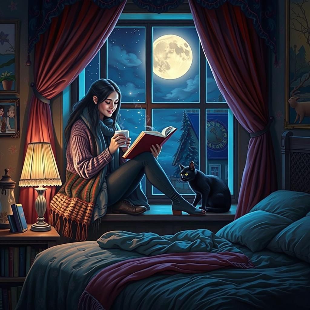 Cozy Moonlit Reading Scene in Abstract Art
