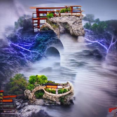 Fantasy Chinese Garden Fortress in Storm