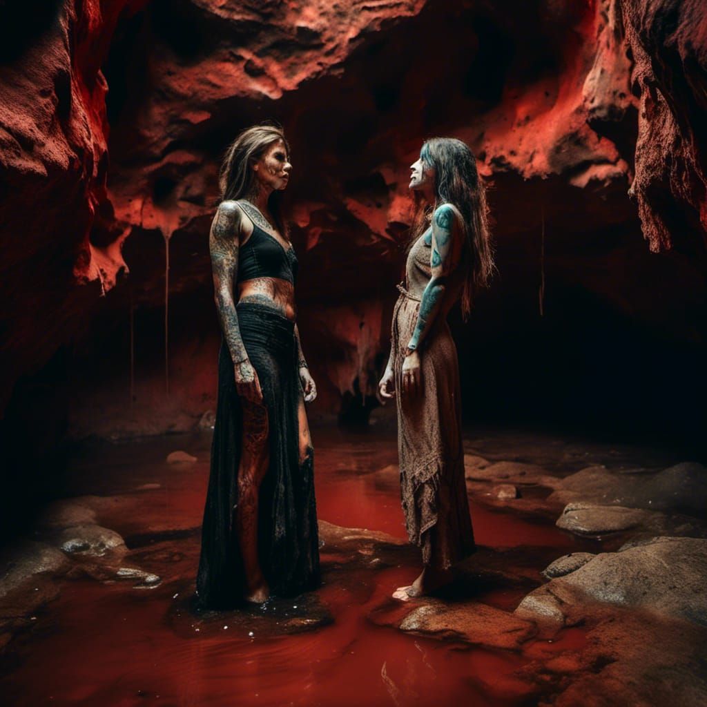 Passionate Tattooed Women in a Cave
