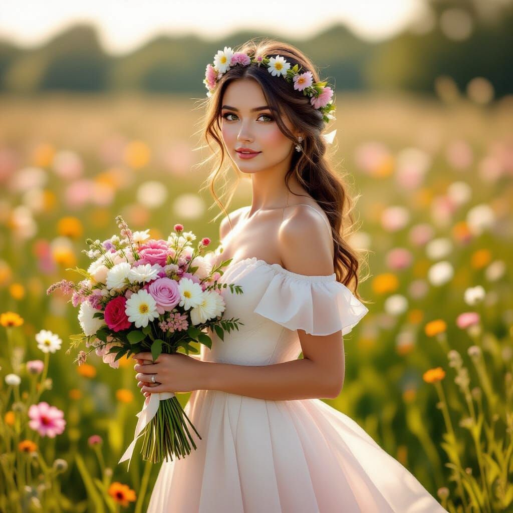 Beautiful Woman in Flower Field Oil Painting