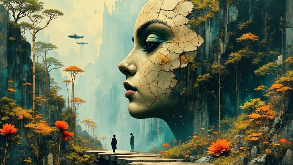 Alien Jungle Exploration of Ancient Stone Head