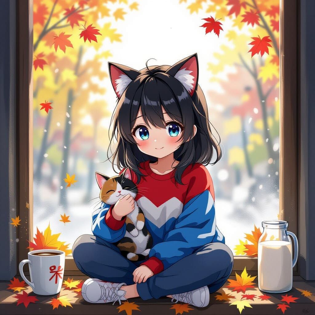 Anime Girl with Cat Ears and Pet Cat in Autumn Morning