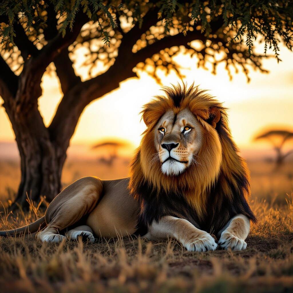 Majestic Lion Rests in Savannah Sunlight