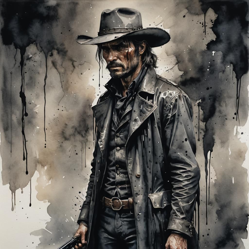 Gunslinger's Poetic Tears: Moody Watercolor Portrait