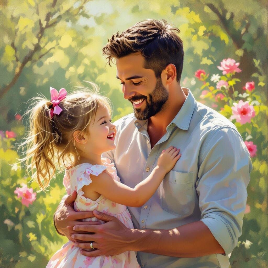 Father and Daughter Joyful Moment in Sunlit Garden