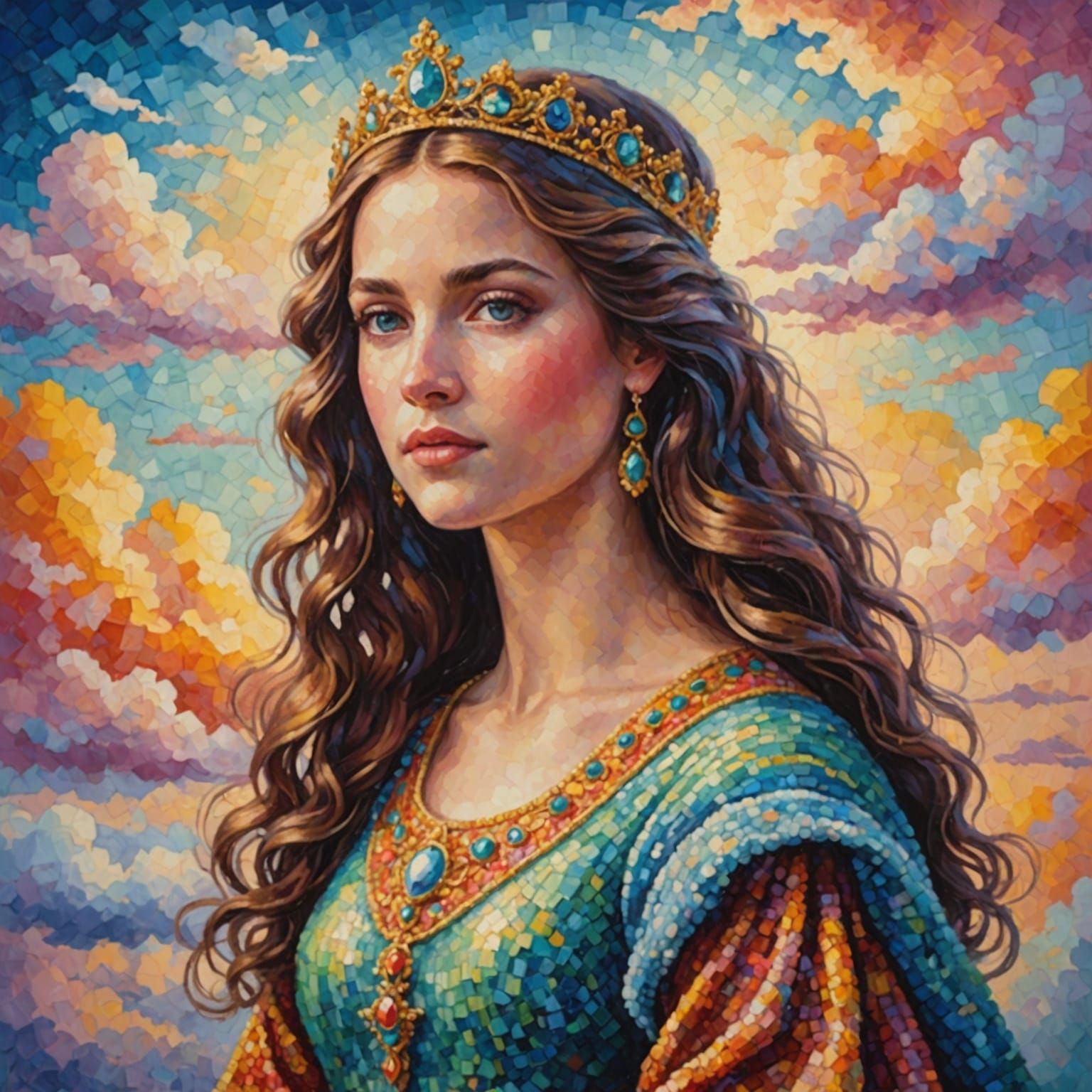 Pointillist Renaissance Princess Amidst Clouds