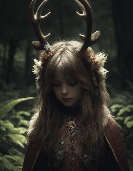 Detailed Sprite with Stag Antlers in Woods