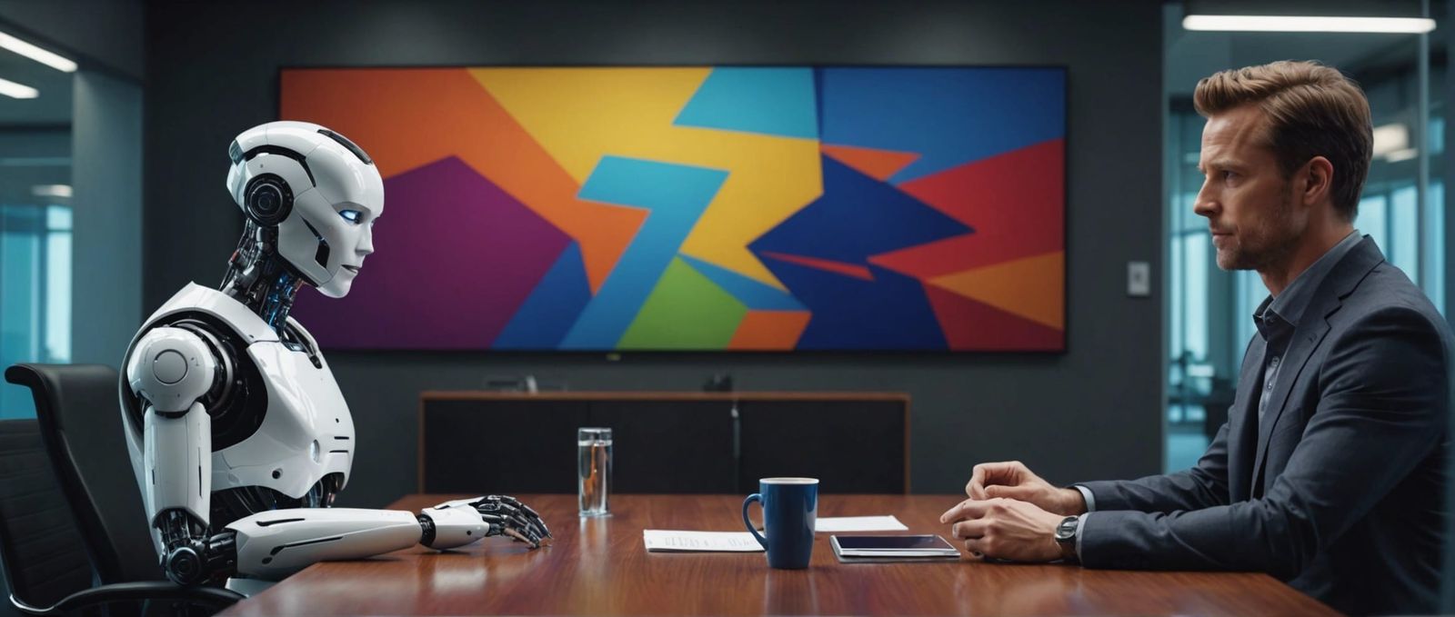 Hyperrealistic AI Robot and Human Interaction in Vibrant Col...