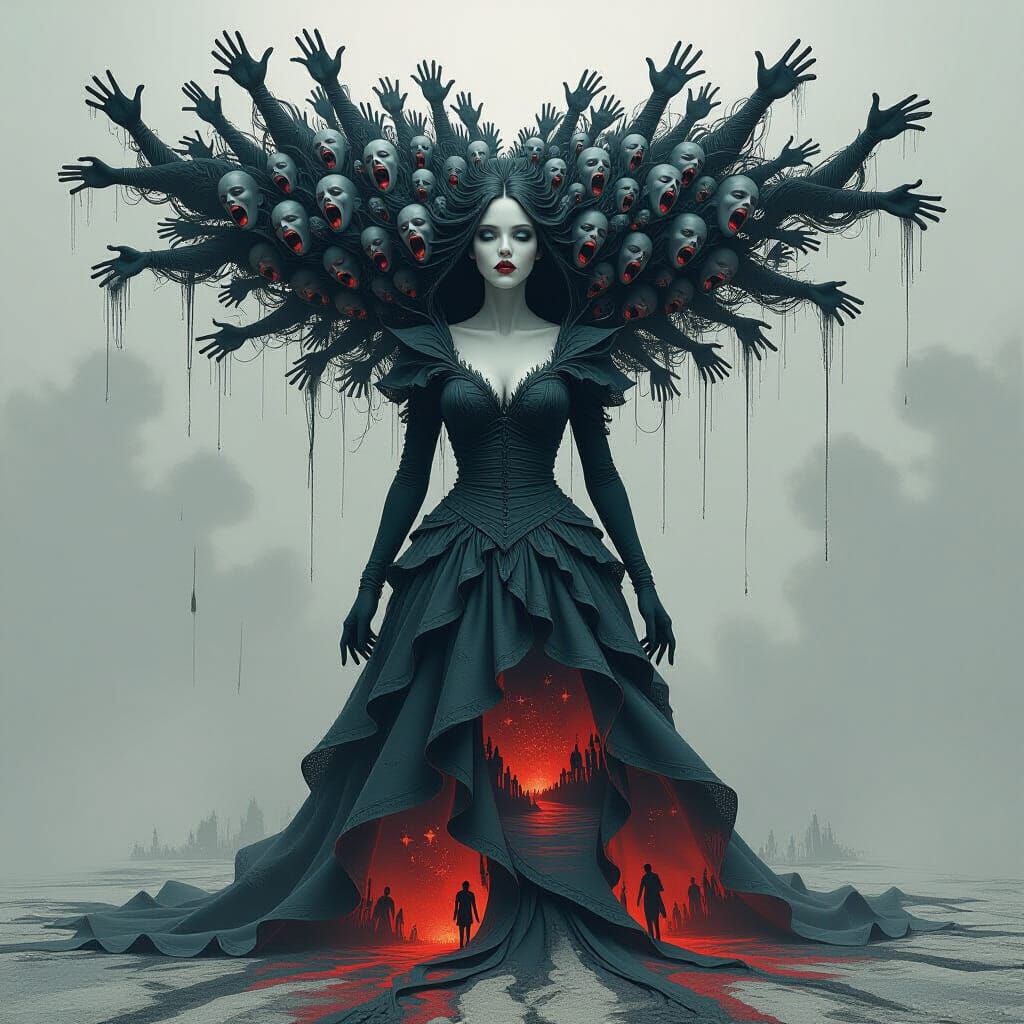 Terrifying Entity with Screaming Mouths in Dark Fantasy Styl...