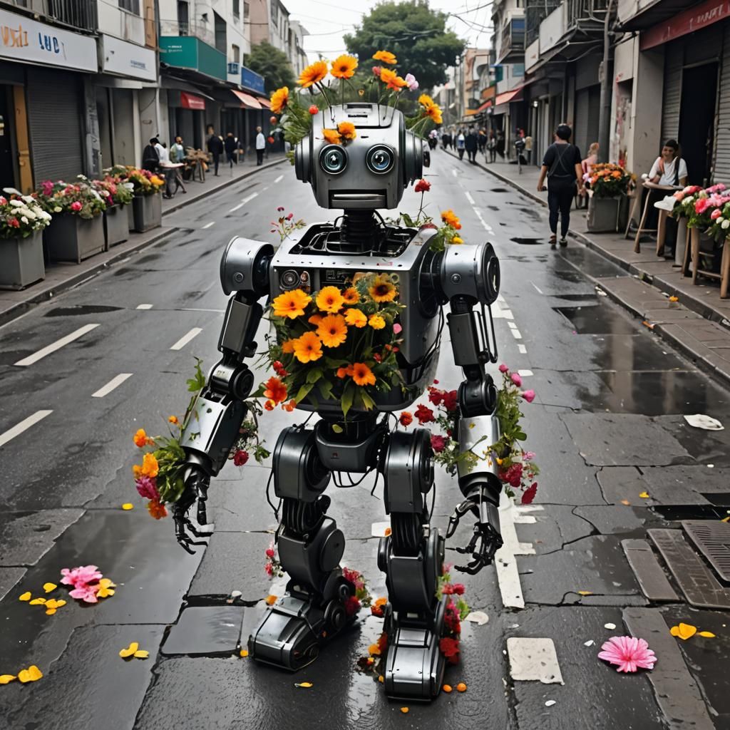 Steampunk Robot Adorned with Flowers on Rainy Street
