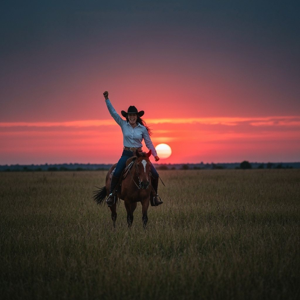 Cowgirl Rides Free Across Prairie at Sunset