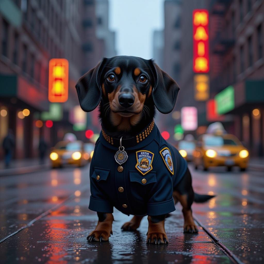Dachshund NYPD Officer on Fire Escape at Dusk