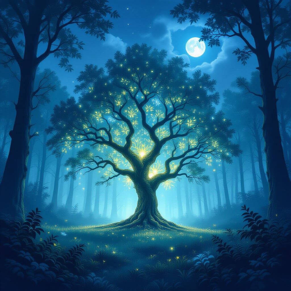 Enchanted Forest Clearing With Glowing Ancient Tree