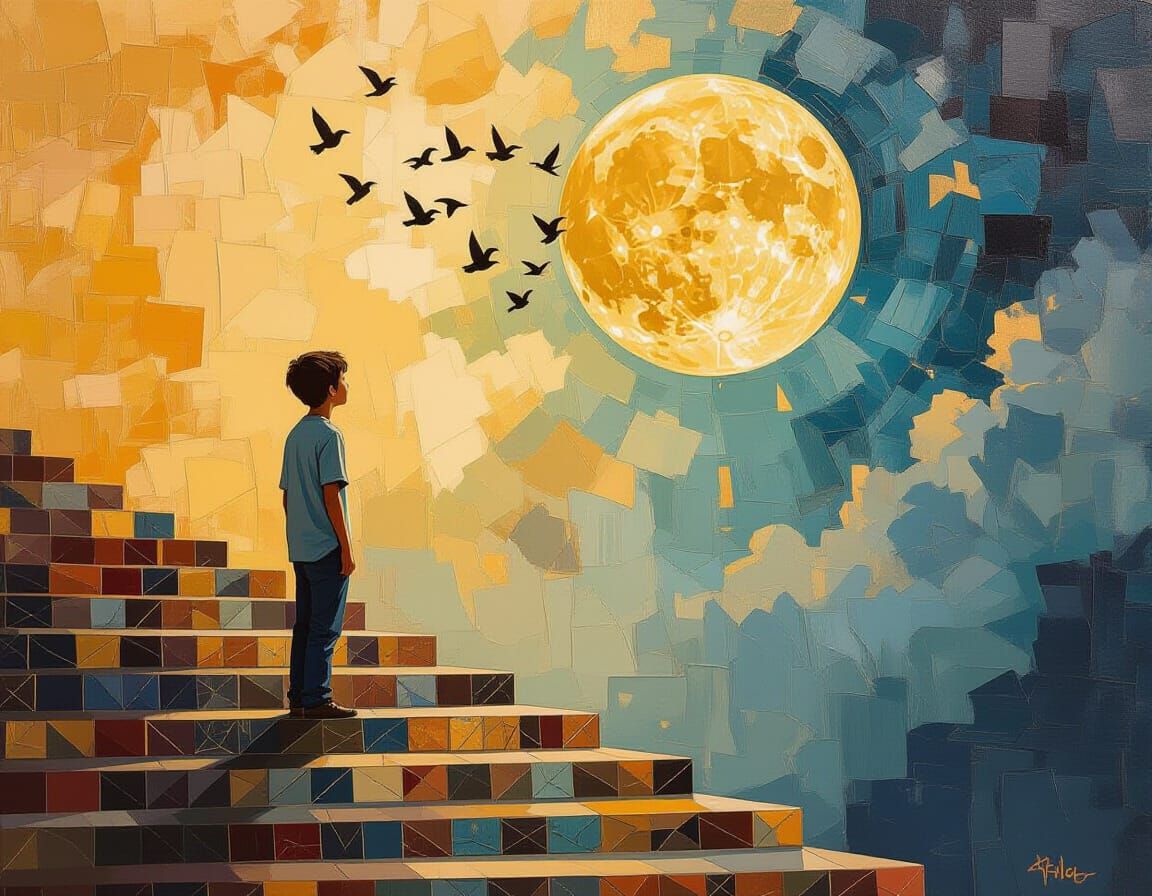 Boy Watches Birds on Mosaic Staircase