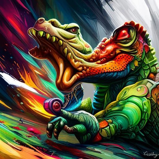 Muscular Baby Croc Warrior in Graffiti Art Style