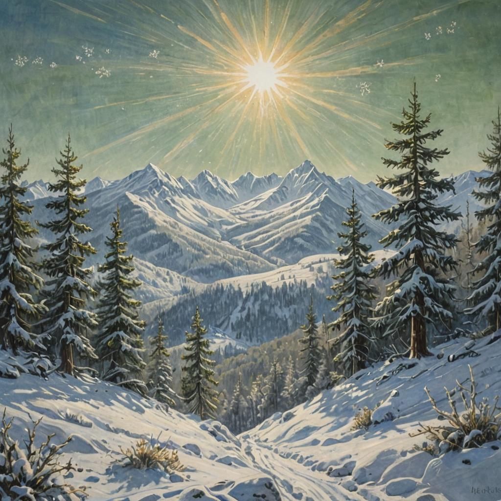 Snowy Mountains and Forests in Impressionist Style