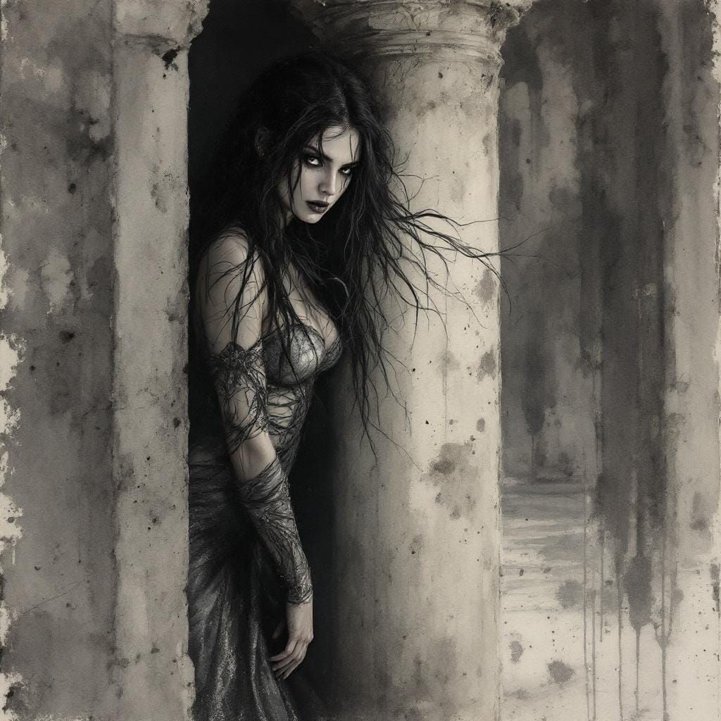 Eerie Norse Goddess in Dark Watercolor Portrait