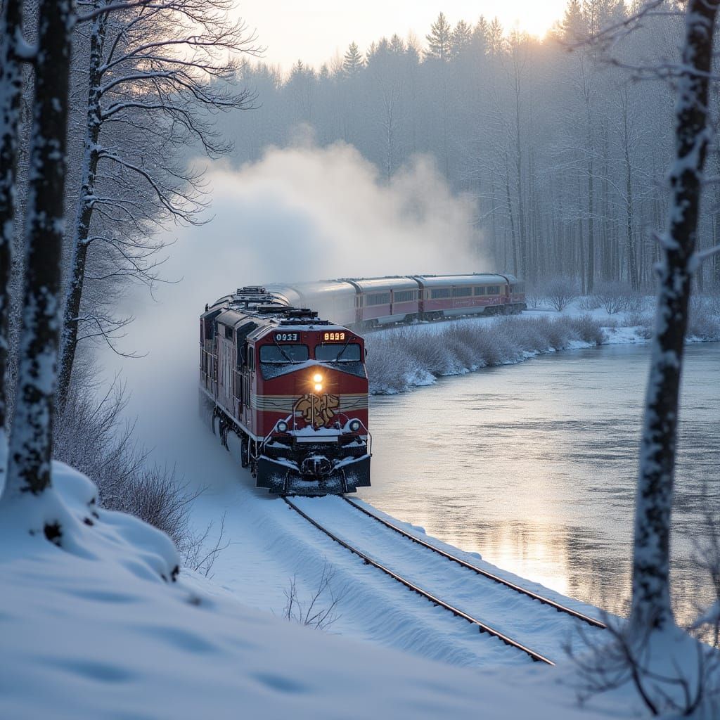 Winter Train Emerges from Serene Snowy Curve